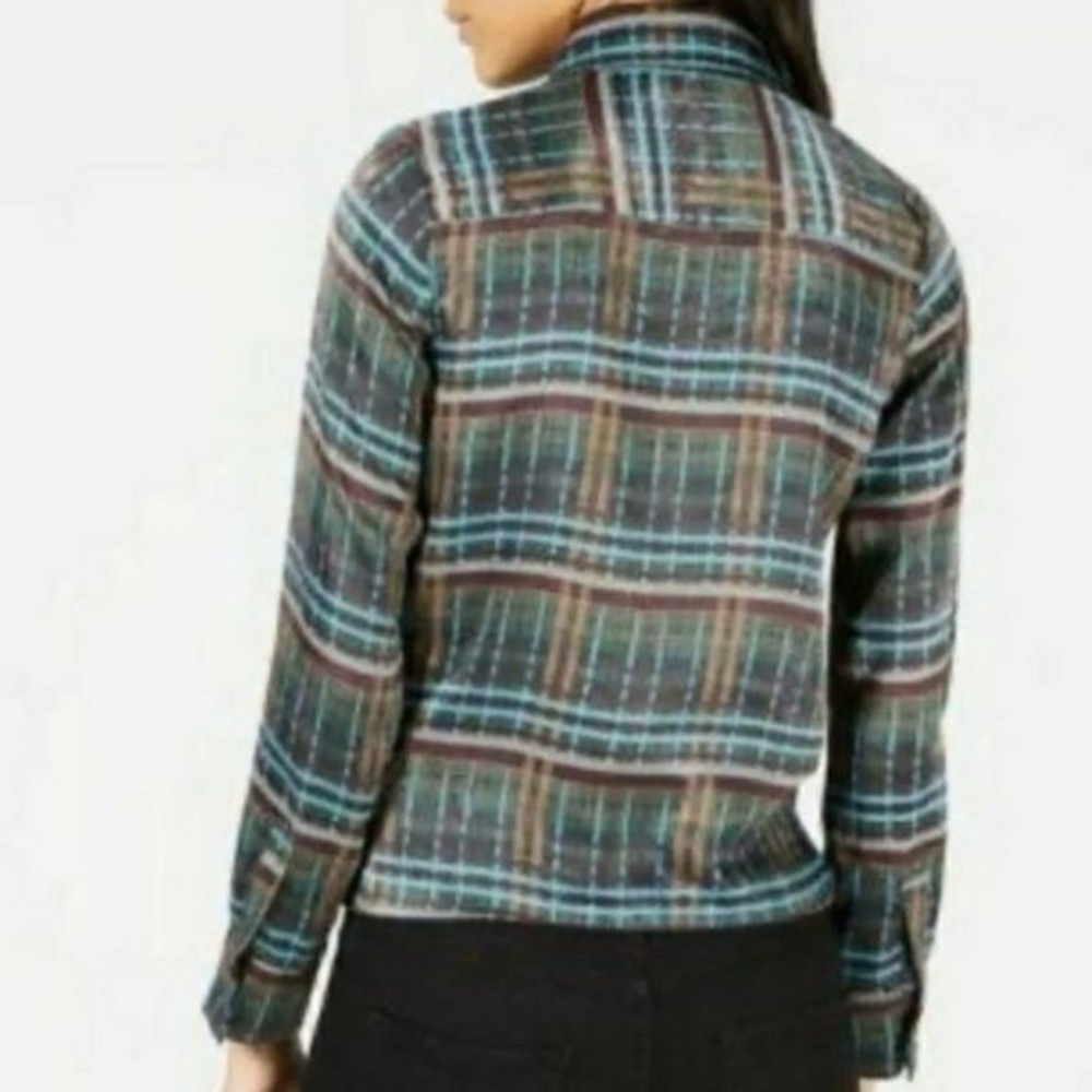 JOA Green Satin Plaid Tie Front Silky Long Sleeve Top - Picture 4 of 14